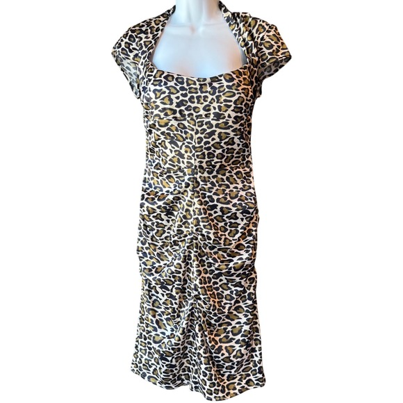NIGHT WAY Cap Sleeve Ruched‎ Satin Dress Leopard Cheetah Animal Print Sz Medium - Picture 1 of 6